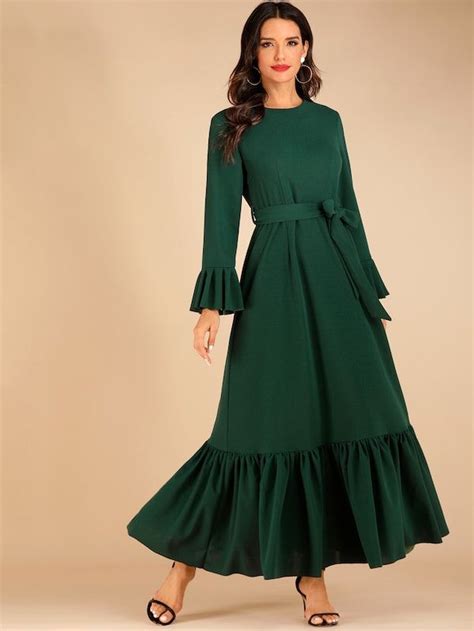 Flounce Sleeve Ruffle Hem Belted Dress Shein Model Dress Belted