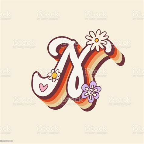 Groovy Retro Hippie Stylized Initial Letter N With Flowers Seventies Letter For Nostatgic Print