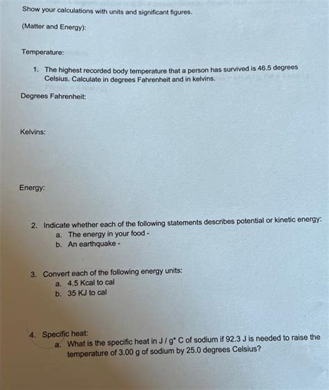 Solved Show Your Calculations With Units And Significant