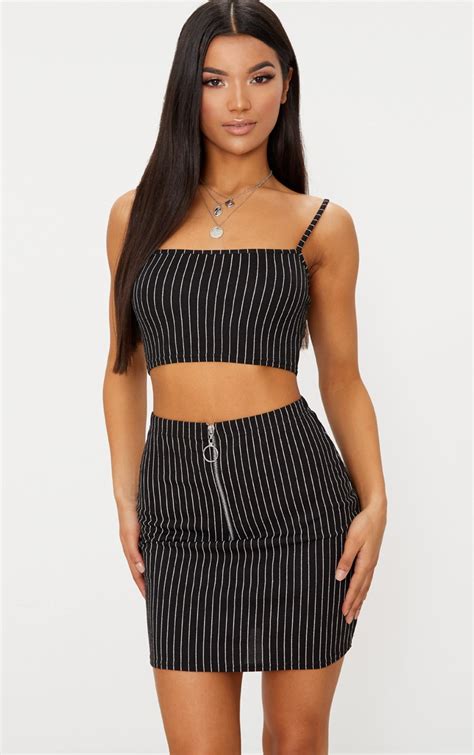 Black Pinstripe Mini Skirt Prettylittlething Usa