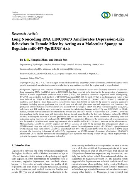 Pdf Long Noncoding Rna Linc Ameliorates Depression Like