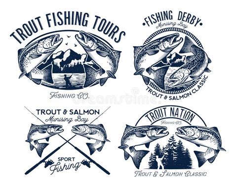 Vintage Trout Fishing Emblems Stock Vector Illustration Of Bait Lure