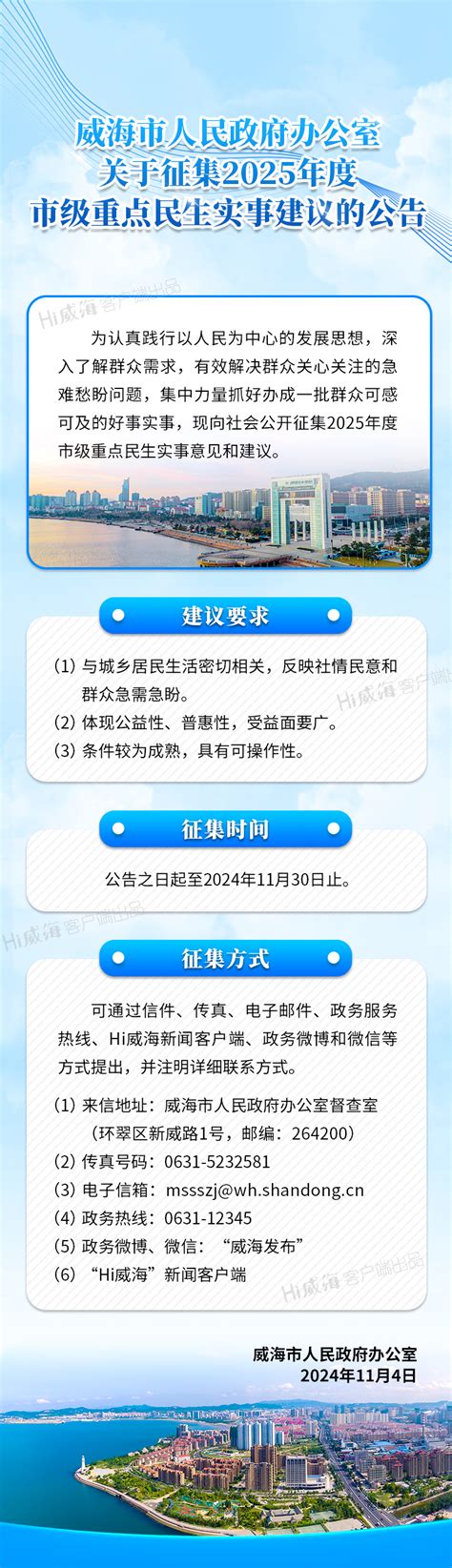 威海市人民政府 今日威海 威海市公开征集2025年度市级重点民生实事建议