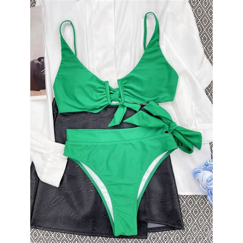 U Wire Knotted Wrinkled Female Swimsuit High Waist Bikini Women Green Swimwear Two Pieces Bikini