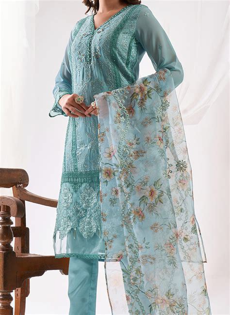 Shop Embroidered Beads Powder Blue Faux Georgette Pakistani Suit Party