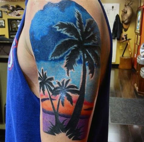 Gorgeous Colorful Sunset With Palm Trees Tattoo On Half Sleeve Zone Tattooimagesbiz