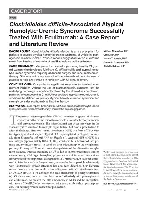 PDF Clostridioides Difficile Associated Atypical Hemolytic Uremic