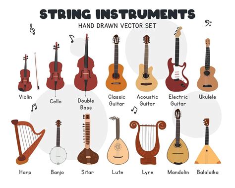 String Instruments Vector Set Simple Cute Violin Cello Double Bass Classic Acoustic Guitar