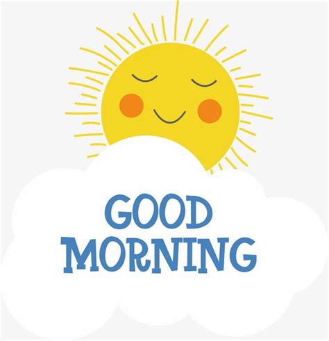 the words good morning are written in blue and yellow on a white cloud with a smiling sun