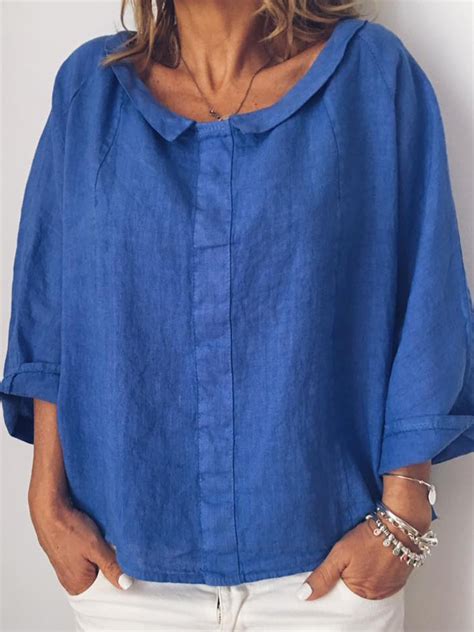 Women S Shirt Blouse Linen Cotton Plain Peter Pan Collar Button Long