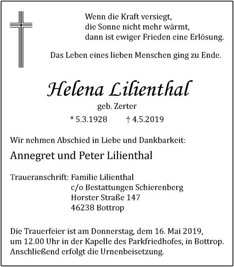 Traueranzeigen Von Helena Lilienthal Trauer In NRW De