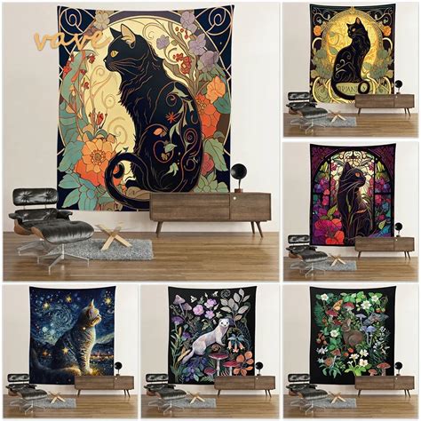 Psychedelic Black Cat Tapestry Wall Hanging Rose And Sunbeam Art