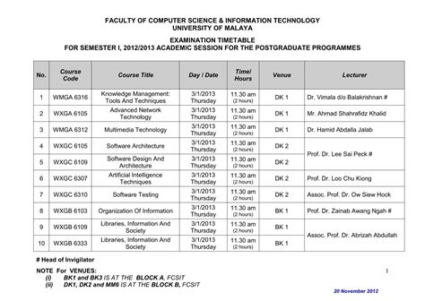 Exam Timetable Faculty Of Computer Science And Information