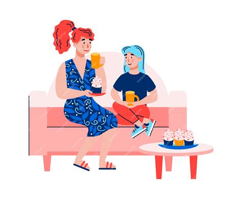 Premium Vector | Mother and daughter sitting on sofa drinking tea with
