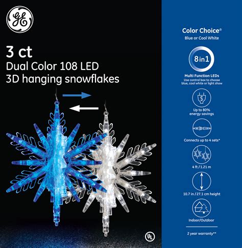 89154 Ge Color Choice® Led 3pc 3d Hanging Snowflakes 108ct Blue