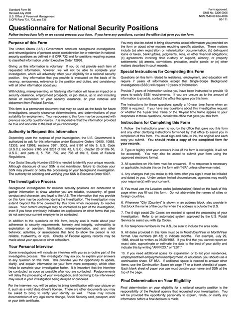 Fillable Online Opm Standard Form 86 Questionnaire For National