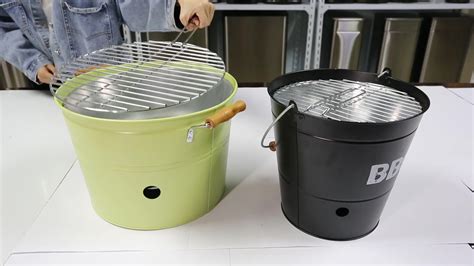 Portable Bbq Bucket Round Charcoal Grill Bucket Outdoor With Bamboo Lid