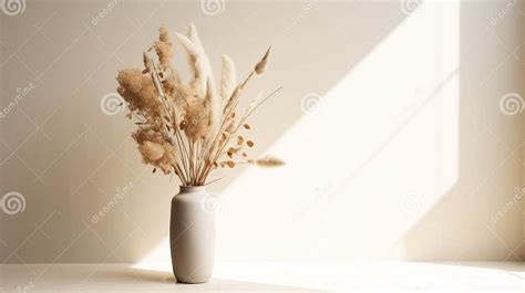 White Vase With Dried Grasses Backlit Photography In Light Beige And Light Amber Stock