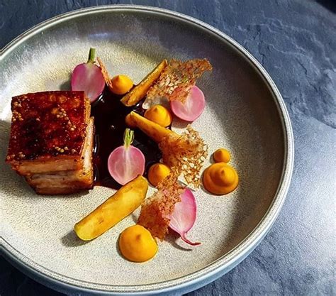 Pork Belly With Baked Radish Carrot Puree And Caramelized Apples