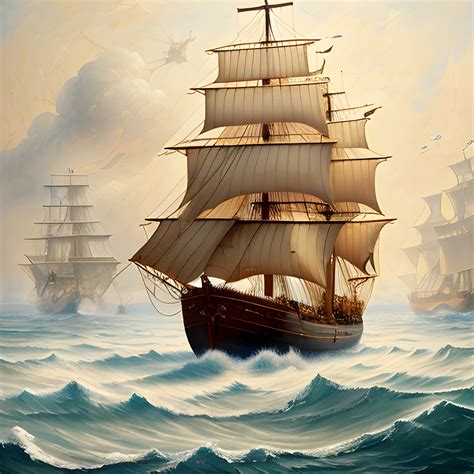 A Pirate Ship Sailing Away In A Wavy Sea Thick Burlap Sails Blo