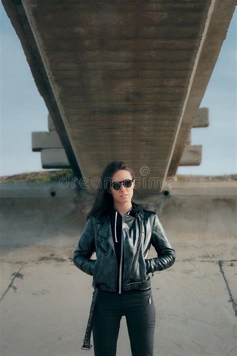 Fashion Woman With Sunglasses And Leather Jacket Rock Biker Style Stock