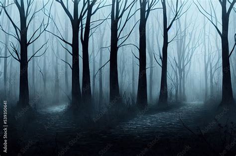 Dark Scary Forest Path At Night Surreal Halloween Background Stock