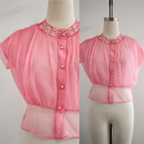 1940s Pink Sheer Nylon Blouse Gem