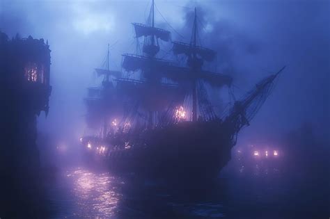 Silhouette Of A Pirate Ship In Foggy Harbor 3D Illustration Premium