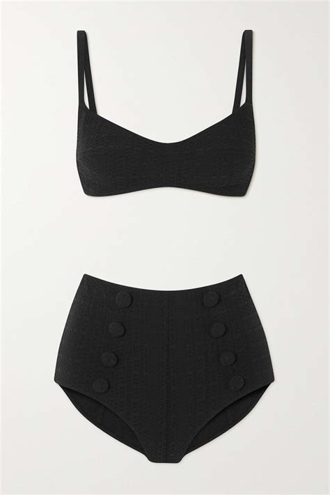 Lisa Marie Fernandez Net Sustain Button Embellished Seersucker Bikini