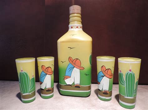 Vintage Hand Painted Sleepy Pancho Tequila Bottle And Glasses Etsy