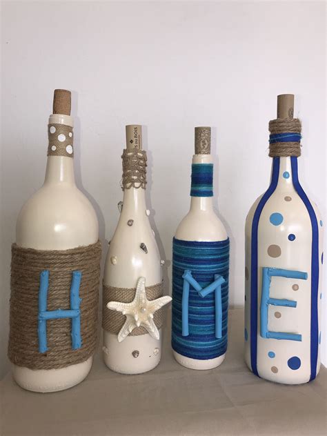 Home Wine Bottle Decor Teal Royal Blue Cream With Coastal Etsy Bottles Decoration Wine