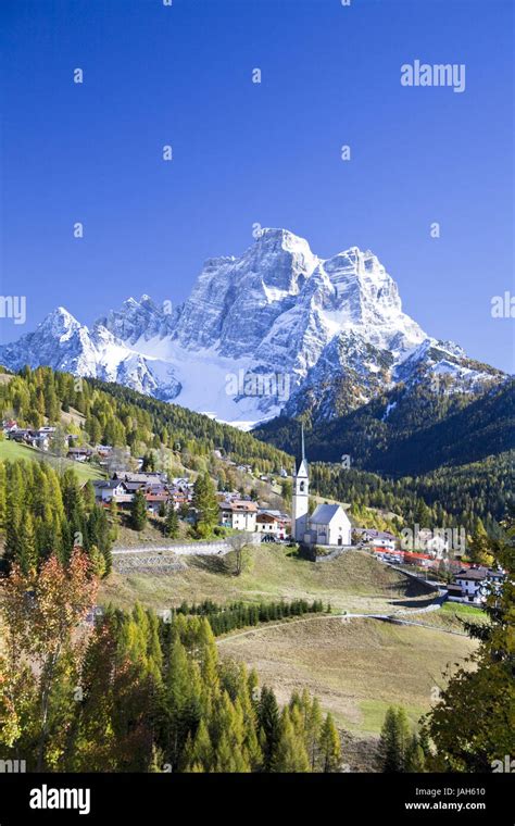 Italy The Dolomites Selva Tu Cadore Monte Pelmo Snowy Autumn Stock