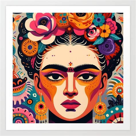 Latina maximalist art frida kahlo lookalike woman and flowers folk naïve portrait Art Print by