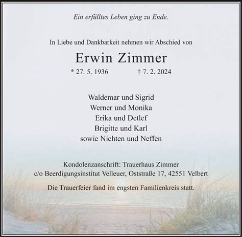 Traueranzeigen Von Erwin Zimmer Trauer In Nrw De