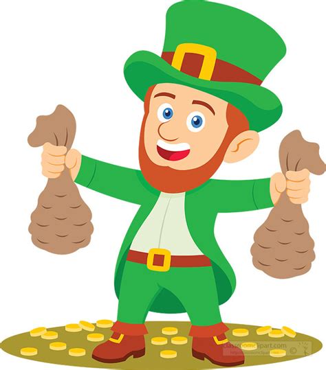 St Patricks Day Clipart Happy Leprechaun With Gold Coin Pouches St Patricks Day Clipart