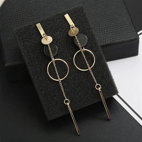 Korean Style Fashion Long Dangle Earrings Women Silver Gold Round Geometric Earrings Black Stone