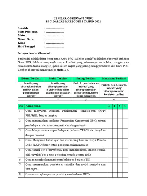Lembar Observasi Guru Pdf