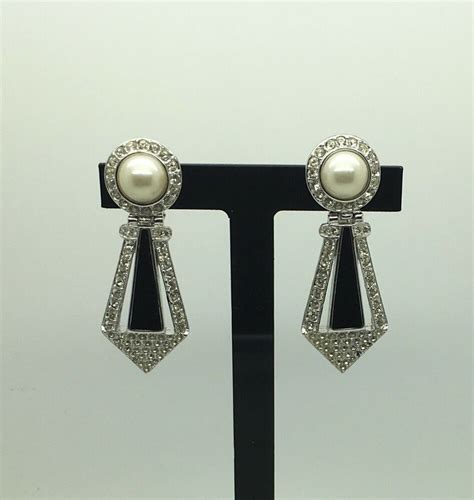 Oscar De La Renta Silver Clip On Earrings Dangling Black Faux Pearl