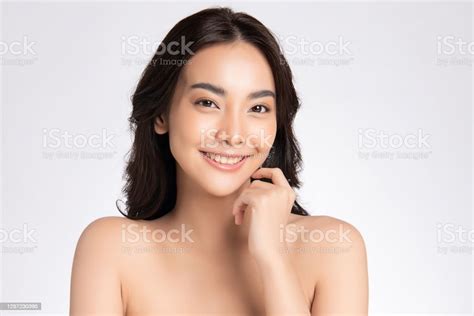 Close Up Beauty Face Smiling Asian Woman Touching Healthy Skin Portrait