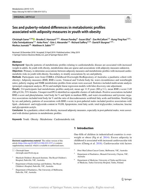 Sex And Puberty Related Differences In Metabolomic Profiles Associated