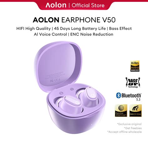 Aolon V50 Tws Bluetooth Earphone Bass Hifi Stereo Earbud Wireless Noise