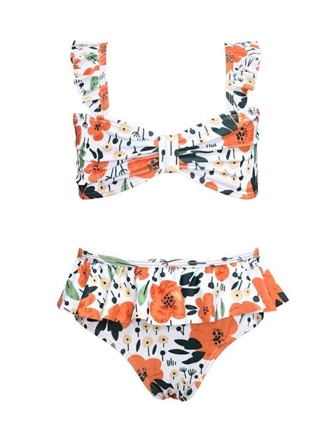 Conjunto de bikini con estampado floral y ribete de volantes para niña preadolescente uso en la