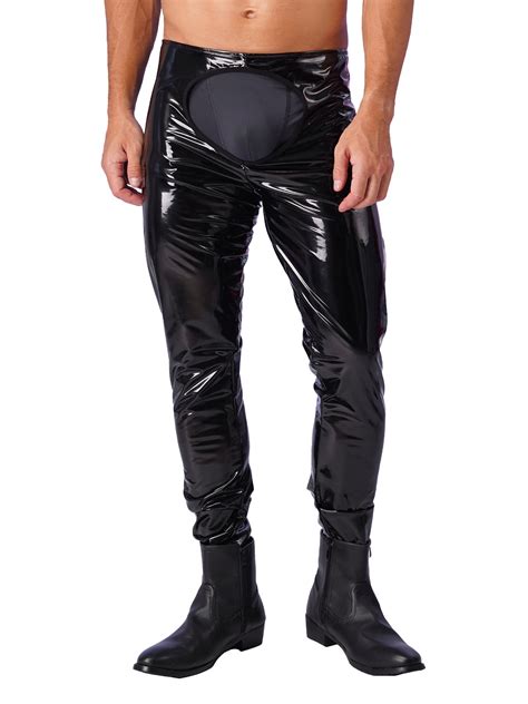 IEFiEL Mens Lingerie Shiny Patent Leather Skinny Pants Open Back Tights