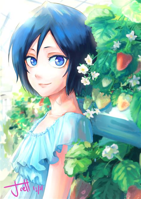 Safebooru 1girl Artist Name Bangs Black Hair Bleach Blue Dress Blue Eyes Blue Hair Blurry