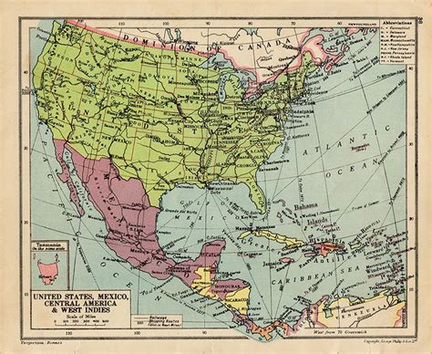 United States Of America And Mexico Map 1940s Countries Nations Atlas Antique Map 9 X 8 Inches