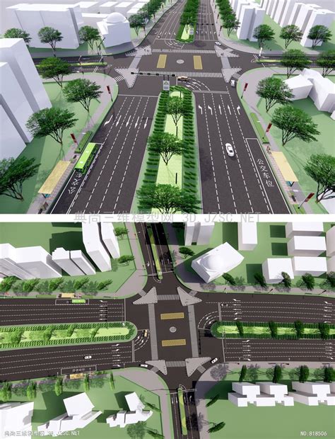 现代道路景观 八车道 十字交通路口 城市道路规划 斑马画线 环岛市政路 红绿灯 路灯 绿化带 车行道 道路景观与规划su模型 道路景观与规划su模型