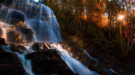 Wallpaper Autumn, forest, waterfalls, rocks, trees, sunlight 1920x1200 ...