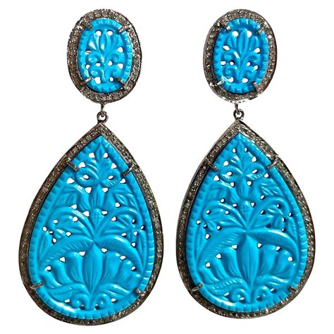 Turquoise and Silver Earrings with Pave Accents For Sale at 1stDibs