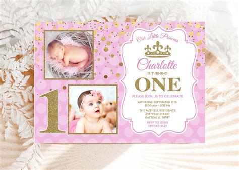 Princess First Birthday Invitation One 1st Pink and Gold - Etsy