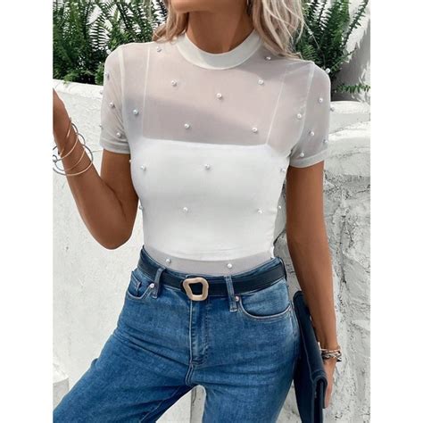 Wila Tops Pearl Beaded Sheer Mesh Top Without Cami Top White Poshmark